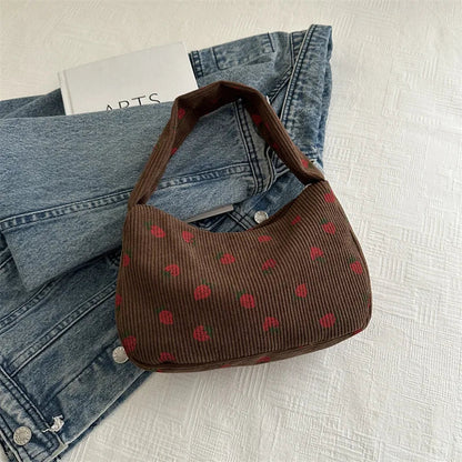 Strawberry Print Corduroy Mini Tote Handbag