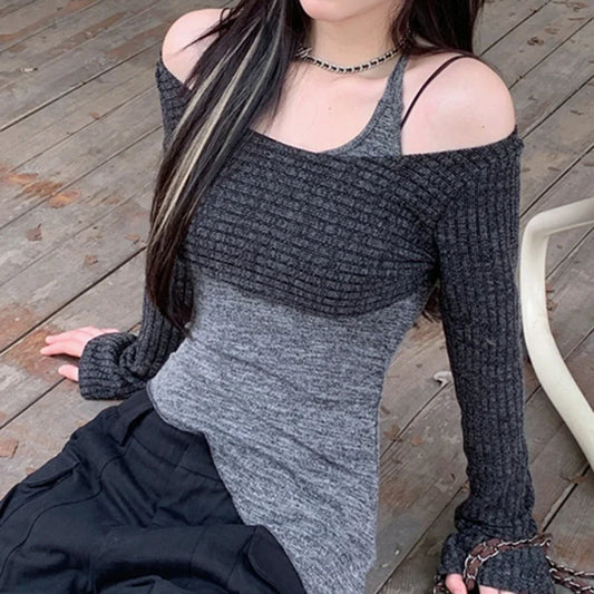 Solid Tank Tie-Up Halter Backless Long Sleeve Knit Top