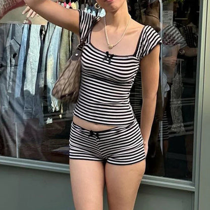 Striped Bow Aesthetic Crop Tank Low Waist Shorts Two Pieces Set