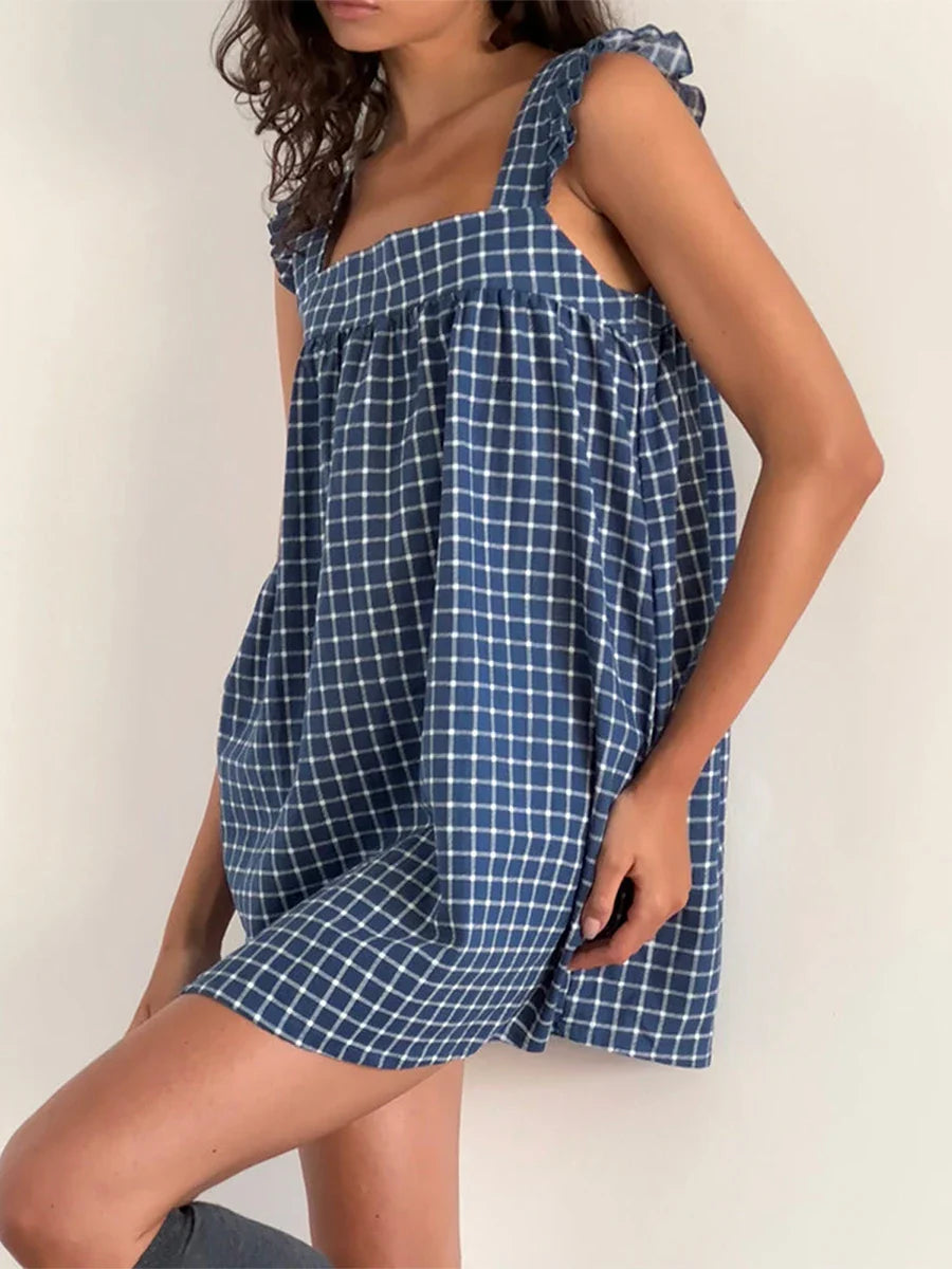 Plaid Ruffle Square Neck Mini Dress