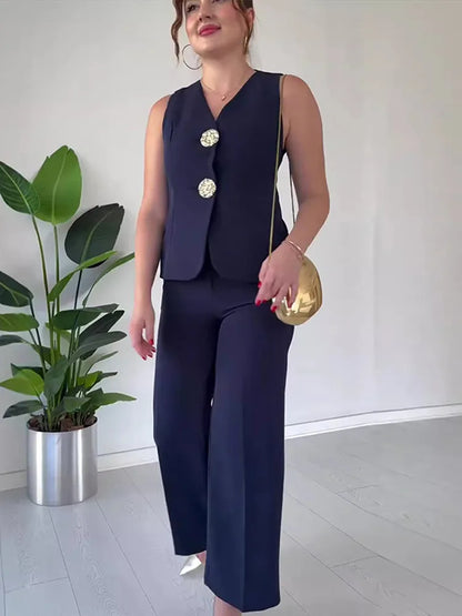 Summer Sleeveless Wide Leg Pants Office Two Piece Set