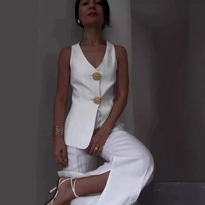 Summer Sleeveless Wide Leg Pants Office Two Piece Set