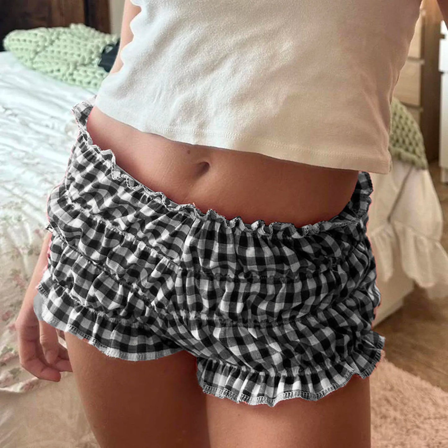 Ruffled Plaid Elastic Waist Short