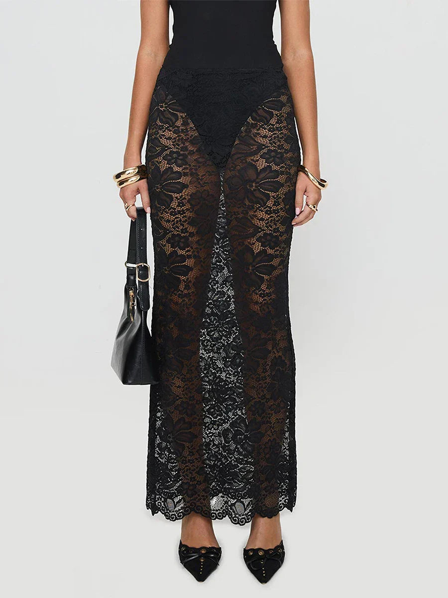Summer Sexy Sheer Lace Floral Long Skirt Y2K Party