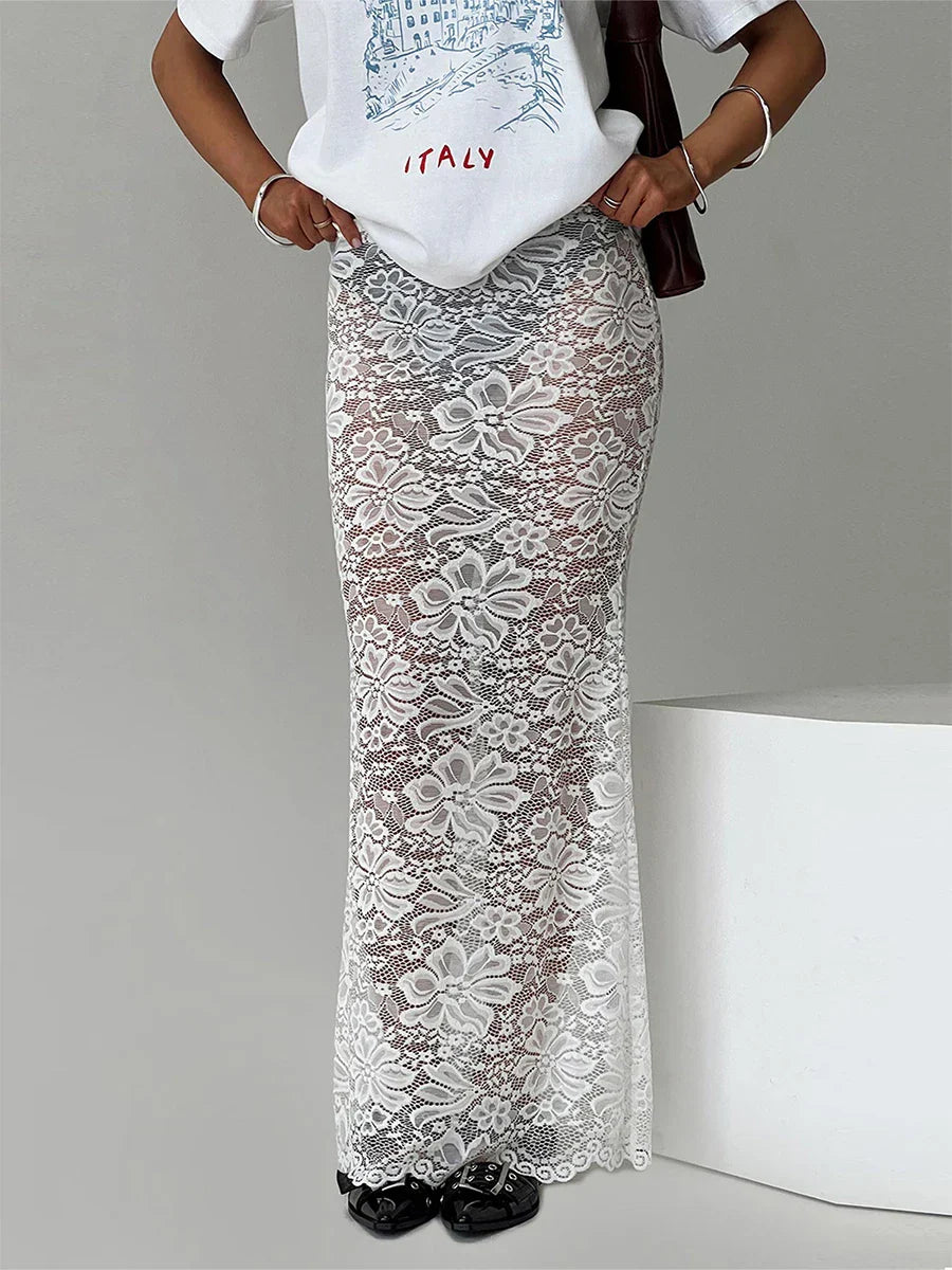 Summer Sexy Sheer Lace Floral Long Skirt Y2K Party
