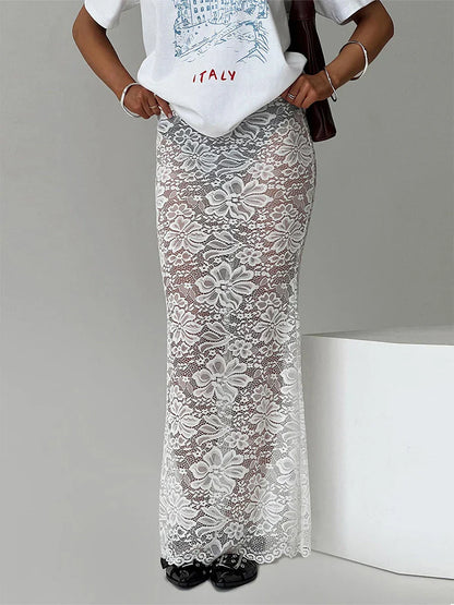 Summer Sexy Sheer Lace Floral Long Skirt Y2K Party