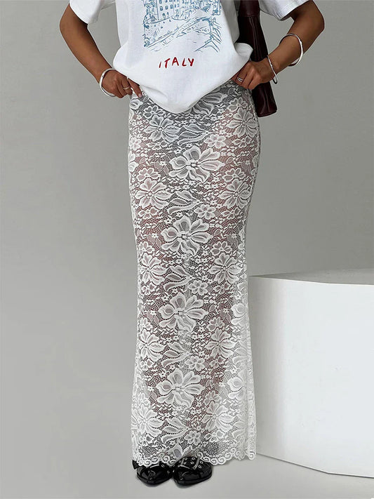 Summer Sexy Sheer Lace Floral Long Skirt Y2K Party