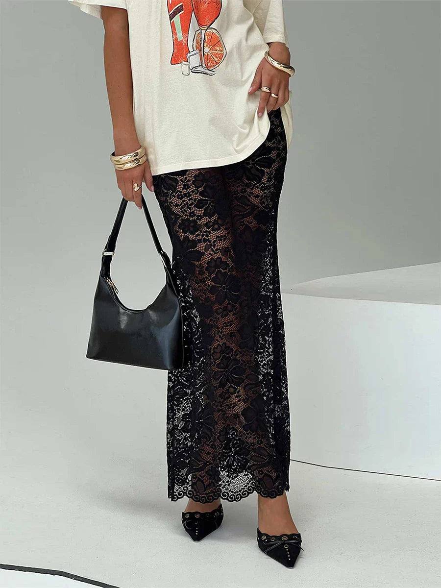 Summer Sexy Sheer Lace Floral Long Skirt Y2K Party