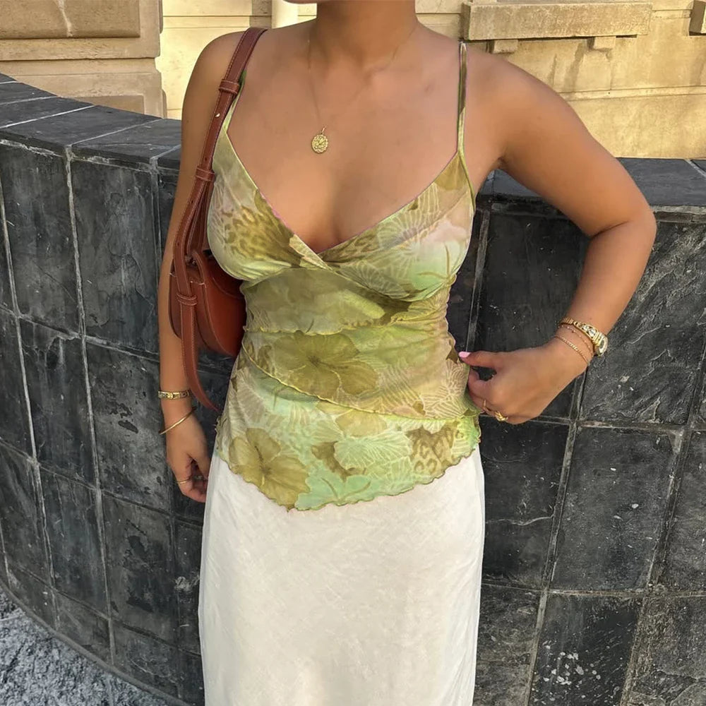 Floral Mesh Spaghetti Crop Top