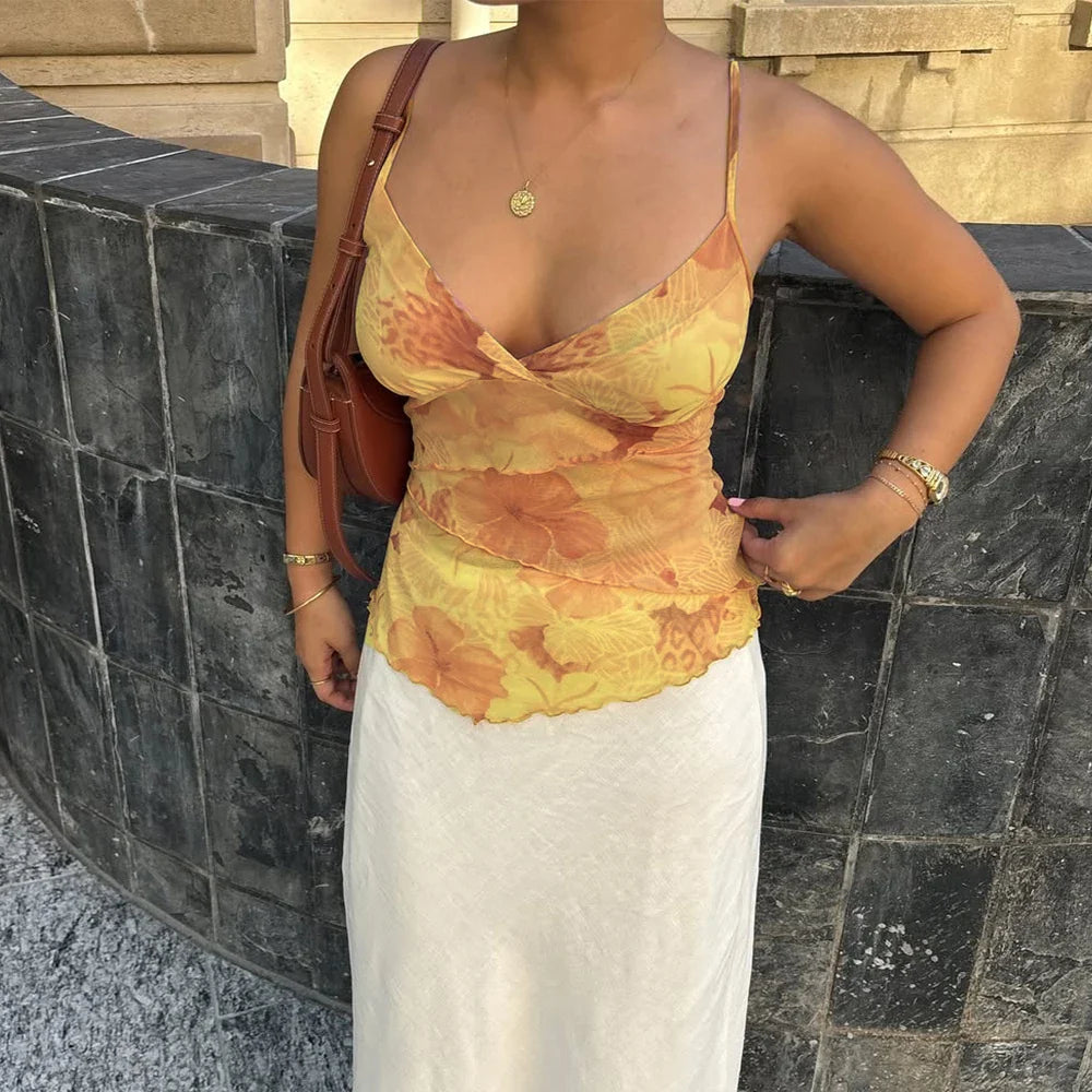 Floral Mesh Spaghetti Crop Top