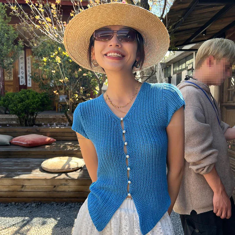 Ribbed Button Knit Crop Top