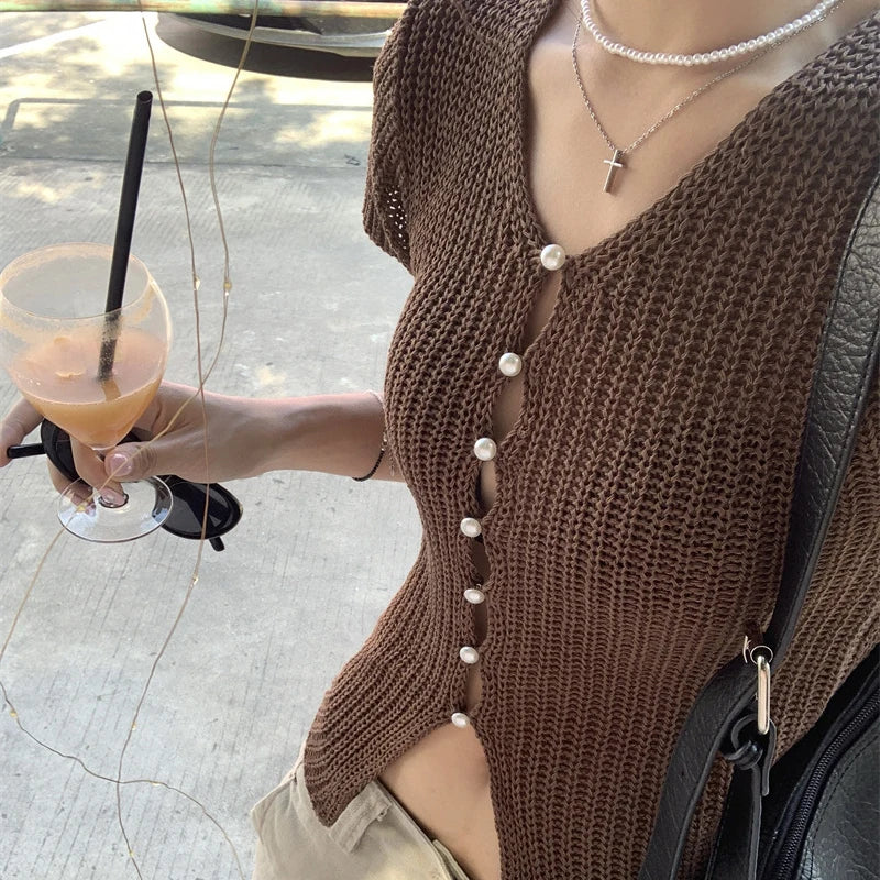 Ribbed Button Knit Crop Top