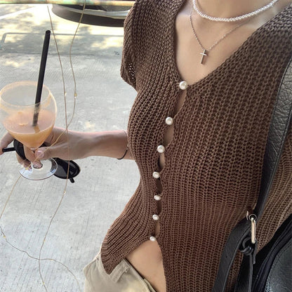 Ribbed Button Knit Crop Top