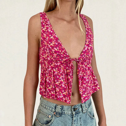 Tie Front Underbust Drawcord Floral Print V Neck Sleeveless Fairy Backless Crop Top