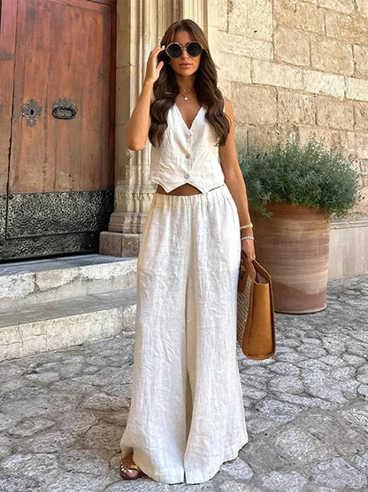 V-neck Sleeveless Wide Leg Office Two Piece Set