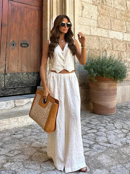 V-neck Sleeveless Wide Leg Office Two Piece Set