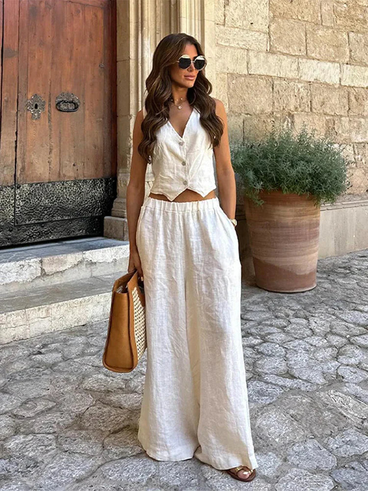 V-neck Sleeveless Wide Leg Office Two Piece Set