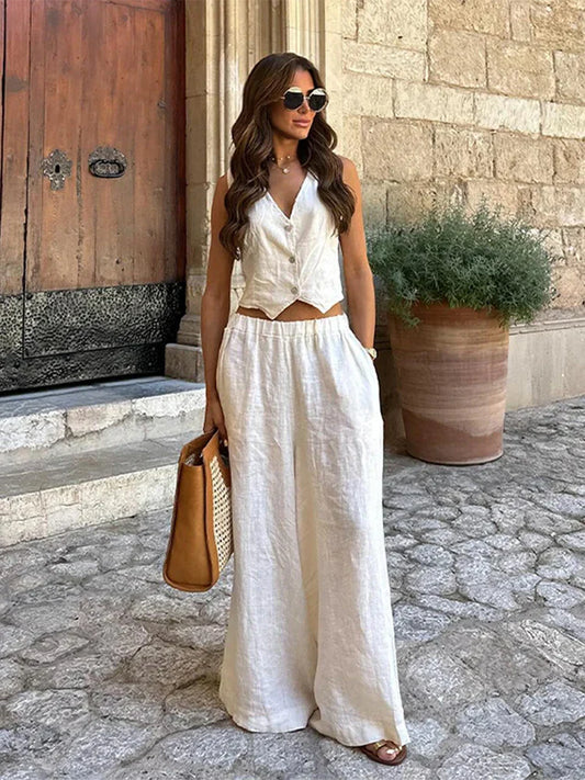 V-neck Sleeveless Wide Leg Office Two Piece Set