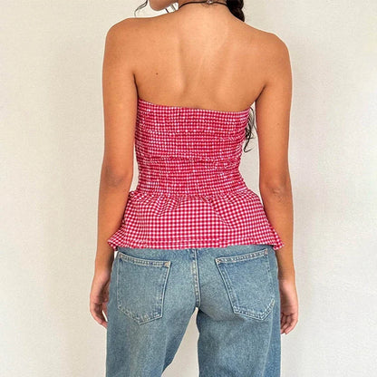 Plaid Print Tube Top Backless Slim Fit Crop Top