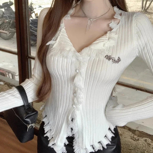 V-Neck Knit Sweater Pattern Tassel Irregular Hem Knit Top