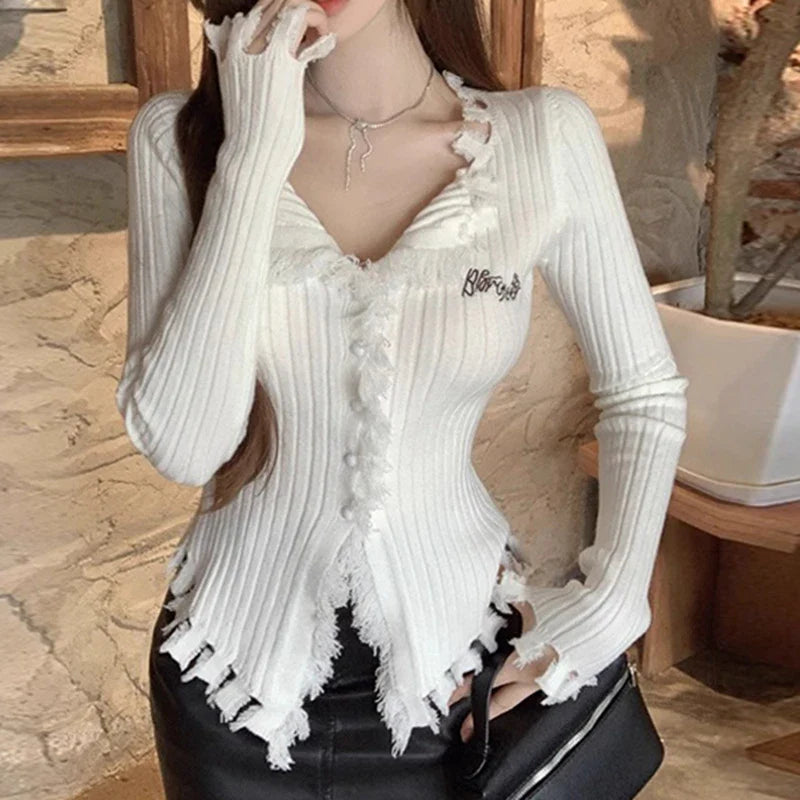 V-Neck Knit Sweater Pattern Tassel Irregular Hem Knit Top