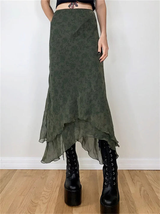 Vintage Floral Midi Skirt High Waist Mesh Irregular