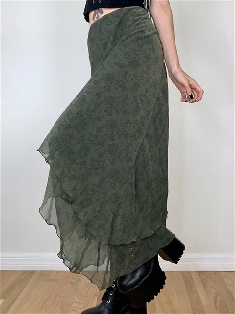 Vintage Floral Midi Skirt High Waist Mesh Irregular
