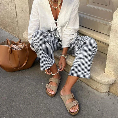 Gingham Print Elastic Waist Drawstring Lounge Pant