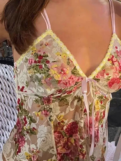 Sexy Lace Sheer Floral V Neck Crop Top