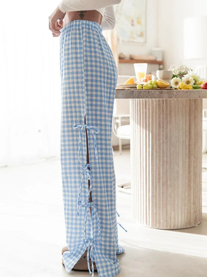 Tie-Up Plaid Stripe Loose Polyester Wide Leg Pant