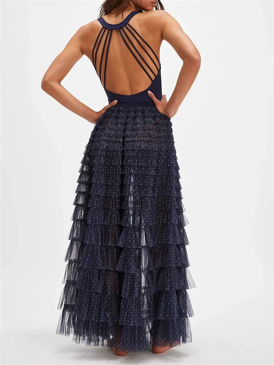 Y2K Fairycore Ruffle Maxi Slip Skirt Elastic Lace Tulle Tutu