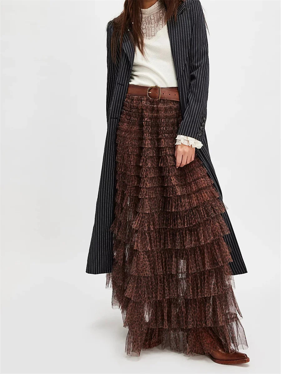 Y2K Fairycore Ruffle Maxi Slip Skirt Elastic Lace Tulle Tutu