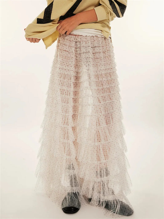 Y2K Fairycore Ruffle Maxi Slip Skirt Elastic Lace Tulle Tutu