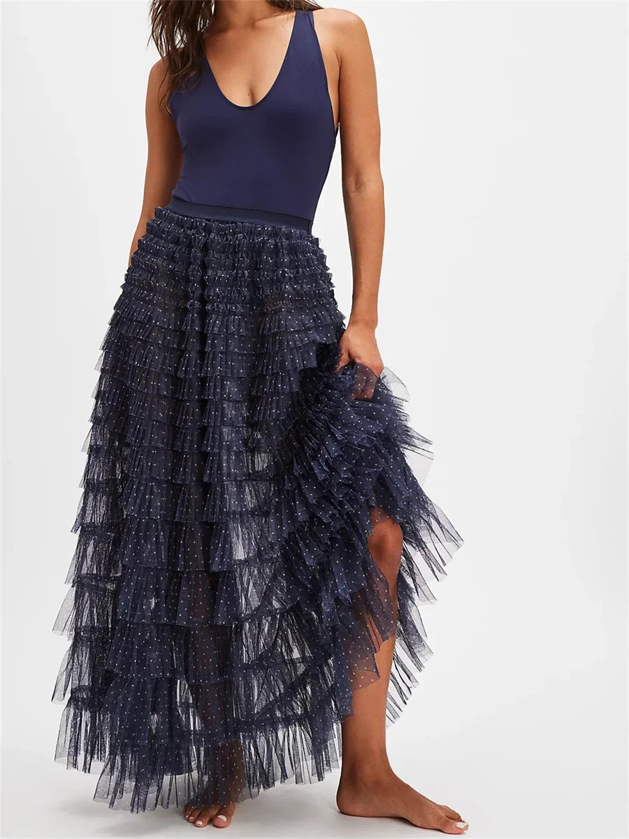 Y2K Fairycore Ruffle Maxi Slip Skirt Elastic Lace Tulle Tutu