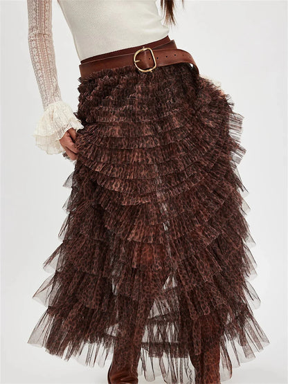 Y2K Fairycore Ruffle Maxi Slip Skirt Elastic Lace Tulle Tutu