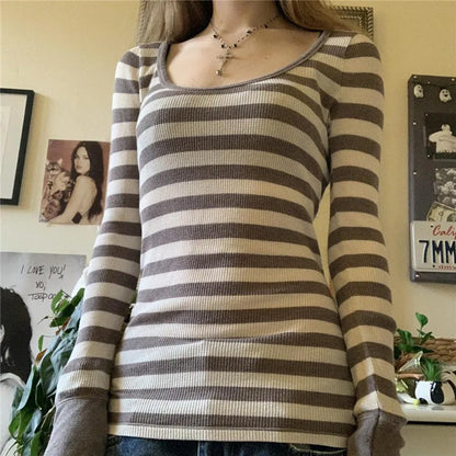 Y2K Grunge Striped Crew Neck Fall Slim Fit Knit Top