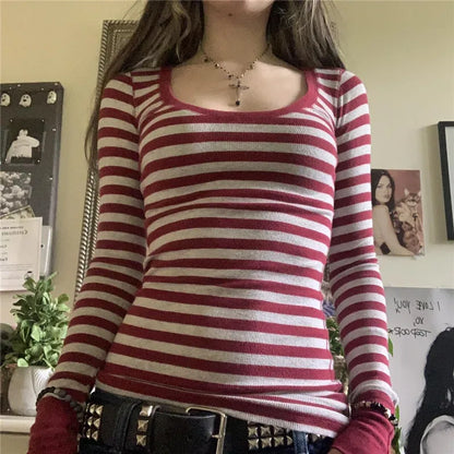 Y2K Grunge Striped Crew Neck Fall Slim Fit Knit Top