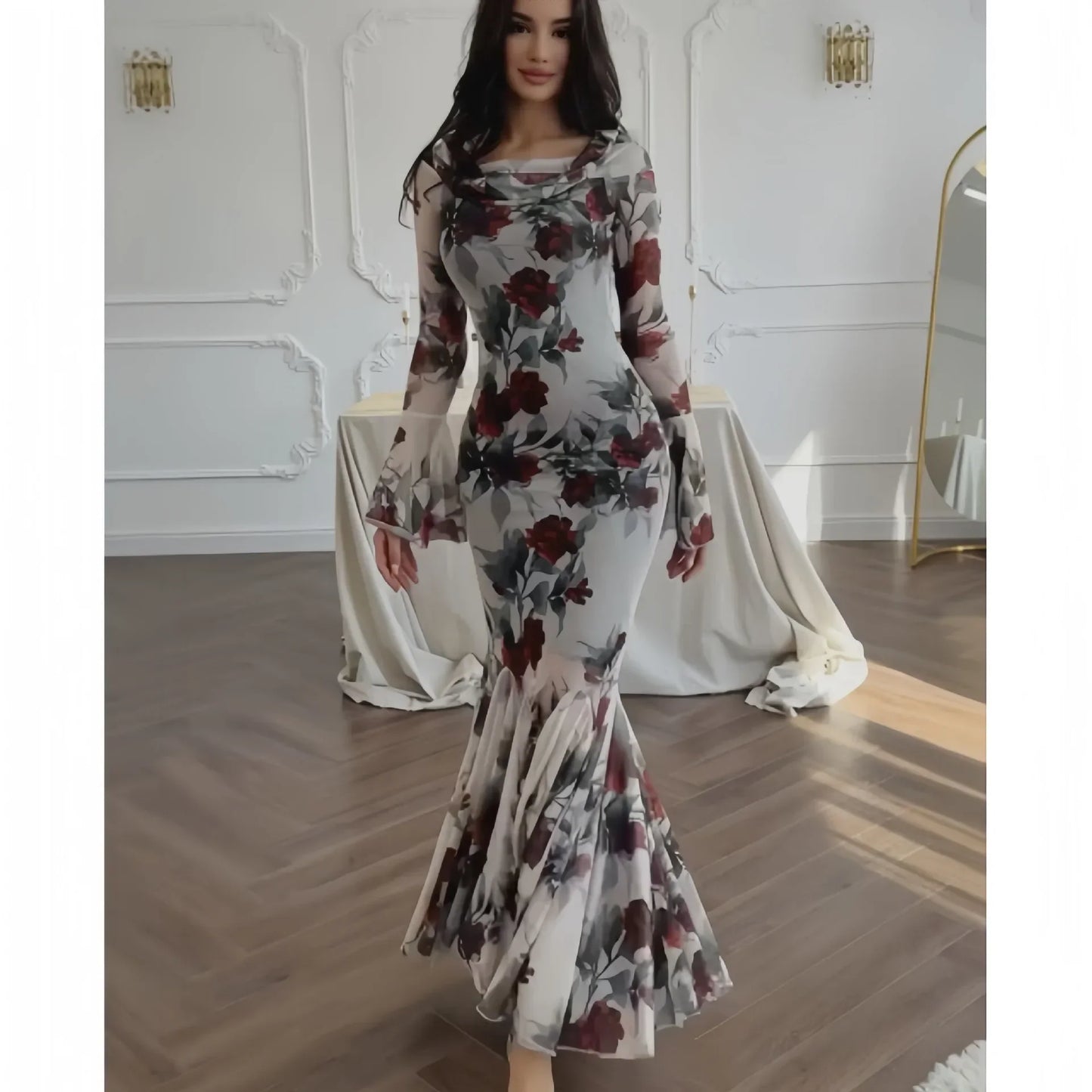 Romantic French Floral Print Long Sleeve Floral Dress