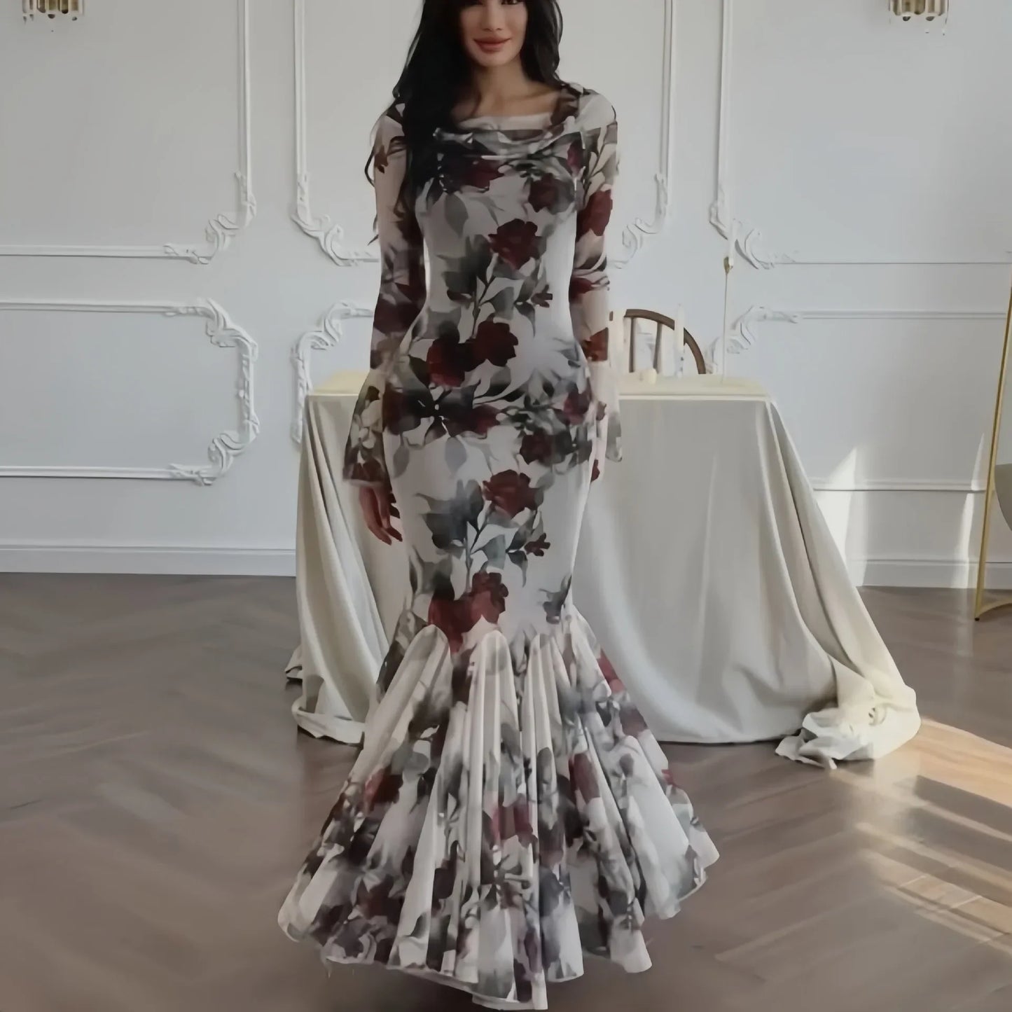 Romantic French Floral Print Long Sleeve Floral Dress