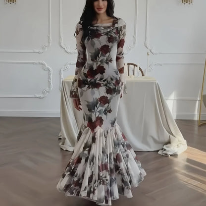 Romantic French Floral Print Long Sleeve Floral Dress