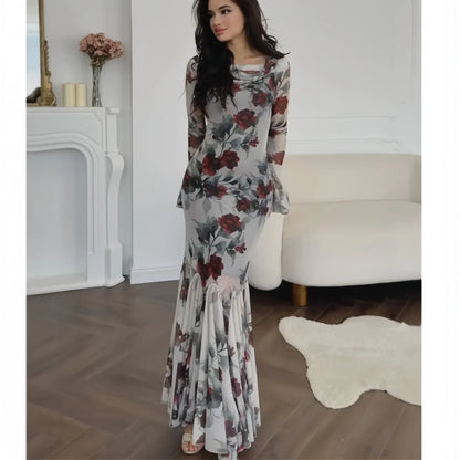 Romantic French Floral Print Long Sleeve Floral Dress