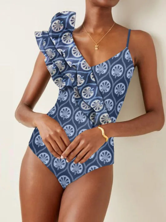 Blue Printed Deep V One Piece Swimsuit