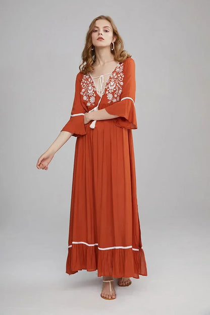 Embroidery Hollow Out Lace Retro White Boho Dress