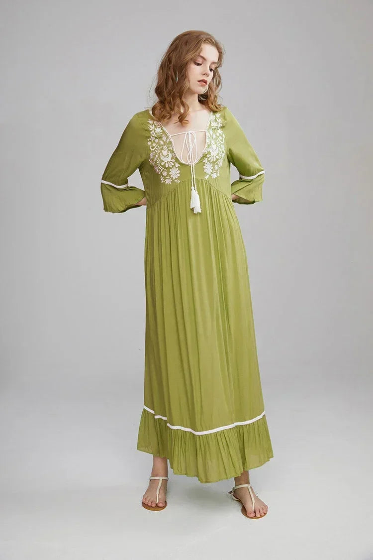 Embroidery Hollow Out Lace Retro White Boho Dress