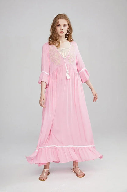 Embroidery Hollow Out Lace Retro White Boho Dress