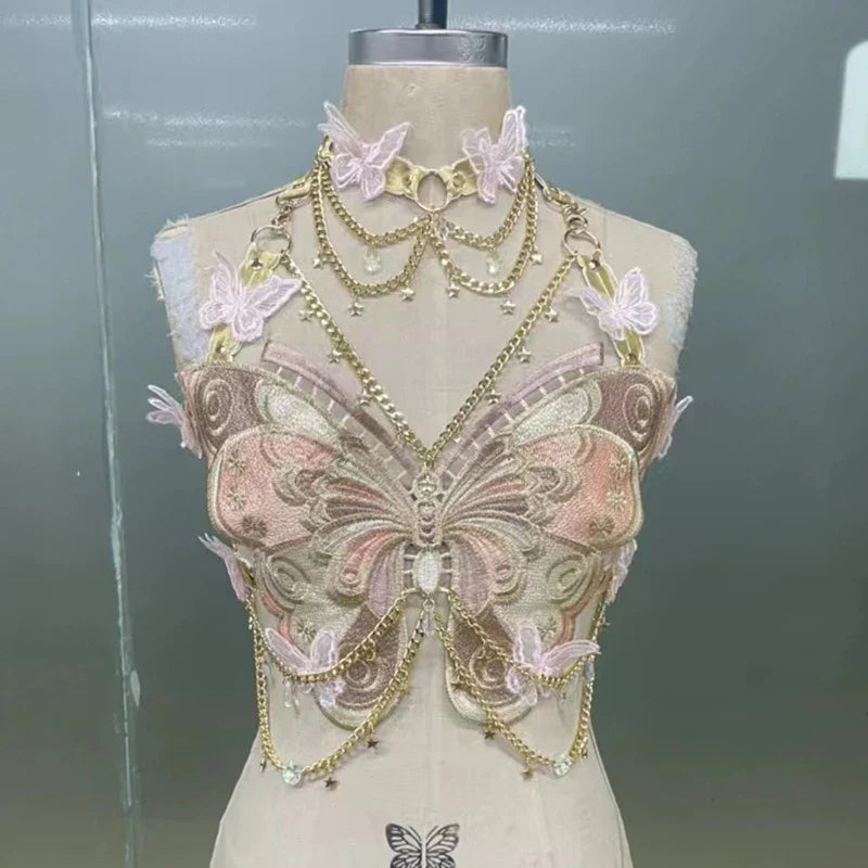 Butterfly Embroidered Crystal Chain Backless Crop Top