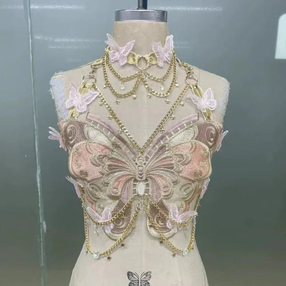 Butterfly Embroidered Crystal Chain Backless Crop Top