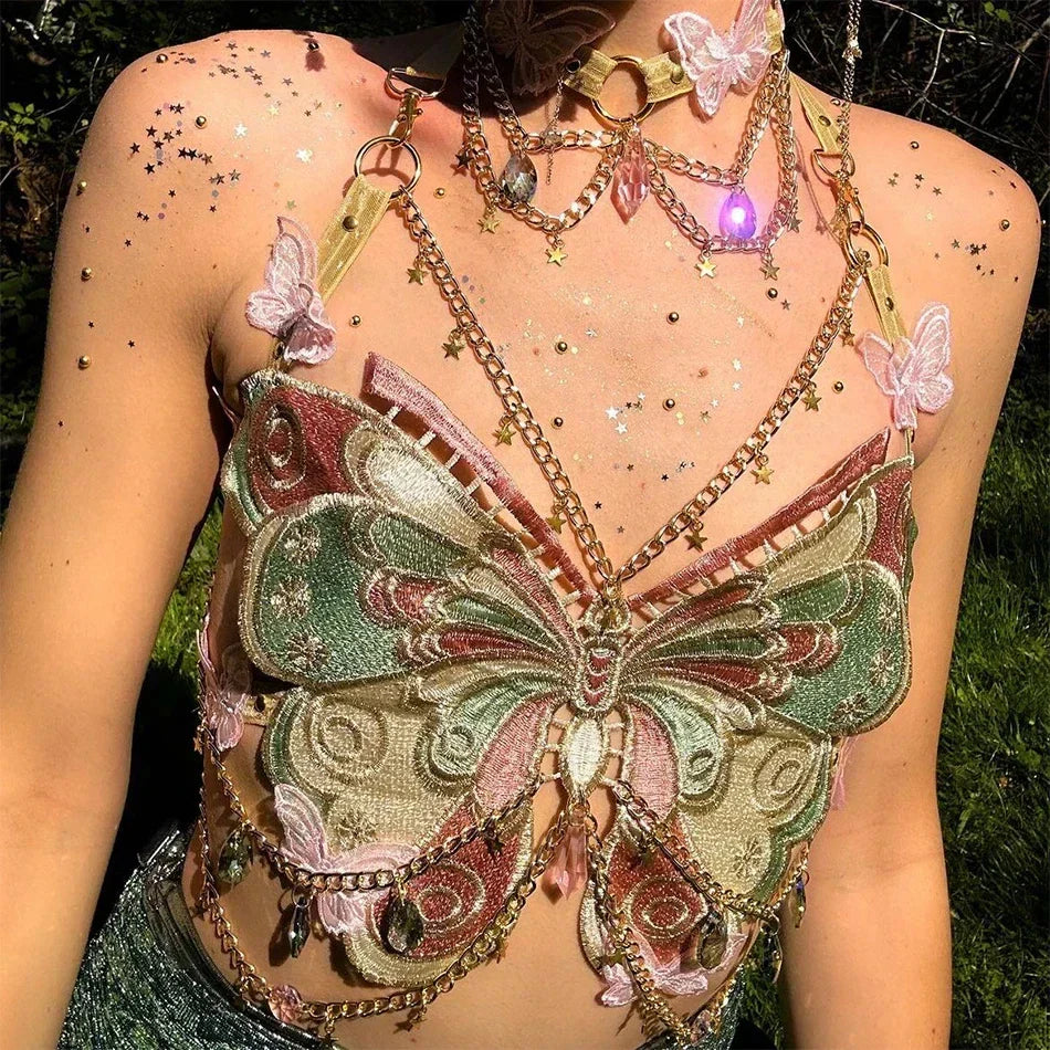 Butterfly Embroidered Crystal Chain Backless Crop Top