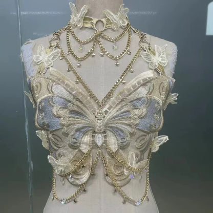 Butterfly Embroidered Crystal Chain Backless Crop Top