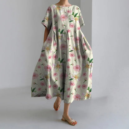 Exquisite 3D Floral Print Short Sleeve Midi Evening Dress